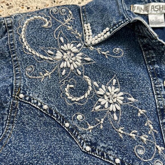 Denim jean Pearl embellished vintage button up down shirt western small s - Picture 6 of 8